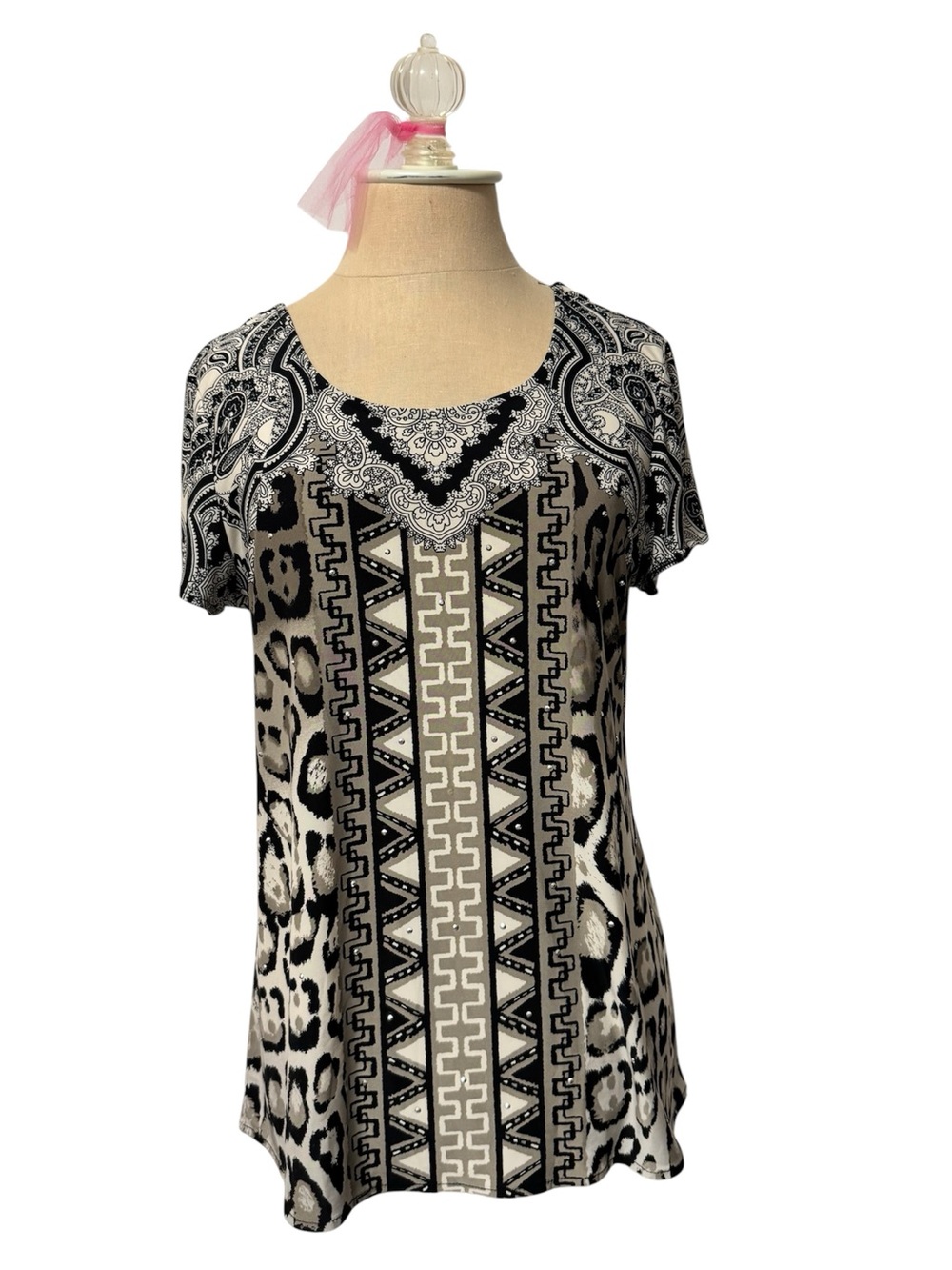 INC International Concepts Black Ivory and Tan Animal Print Blouse